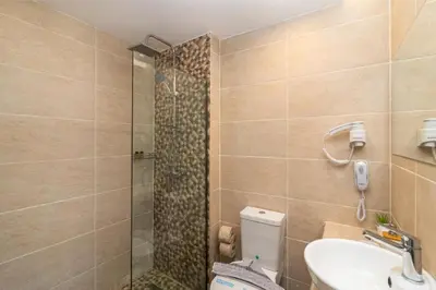 a bathroom with a shower and a sink and a toilet at Happy Days Hotel, Adults Only in Theologos