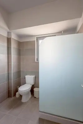a bathroom with a toilet and a window at Rhodes Paulsia Cosy Apartments in Psinthos