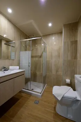 a bathroom with a shower and a toilet and a sink at Filerimos Village Hotel in Ialyssos