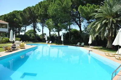 a large blue swimming pool with chairs and palm trees at Niki Hotel Apartments in Ialyssos
