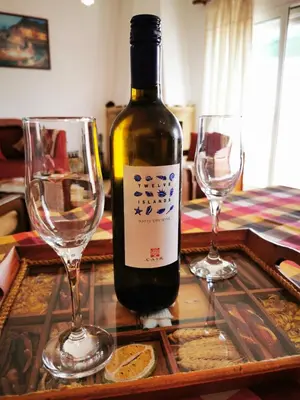 a bottle of wine sitting on a table with two wine glasses at Mata's Sea House in Lachania