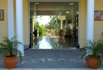 an entrance to a building with two potted plants at Castellania Hotel Apartments in Livadia