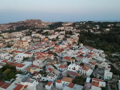 an aerial view of a town with white houses at Kalithea Hills Appartment 1 in Koskinou