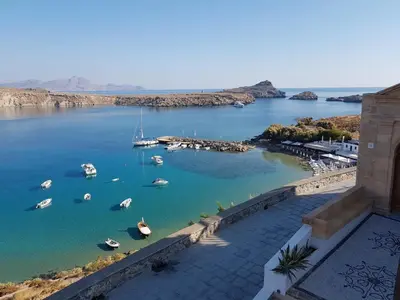 a view of a harbor with boats in the water at Villa Koki Studios in Líndos