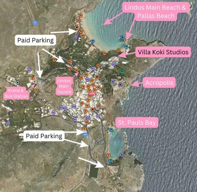 a map of a beach with lots of buildings at Villa Koki Studios in Líndos