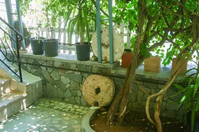 a stone bench next to a tree in a garden at George Apartments in Livadia