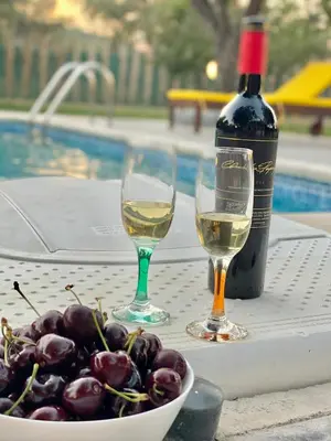 a table with a bowl of grapes and a bottle of wine at Olive Sense Villa with jacuzzi and sauna in Afantou
