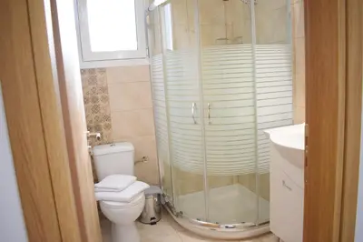 a bathroom with a shower and a toilet and a sink at Olive Sense Villa with jacuzzi and sauna in Afantou