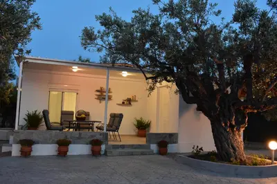 a house with a tree and a table and chairs at Olive Sense Villa with jacuzzi and sauna in Afantou