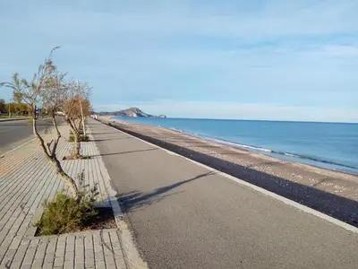 a sidewalk next to the ocean with a tree at Kyriakos Studios in Afantou