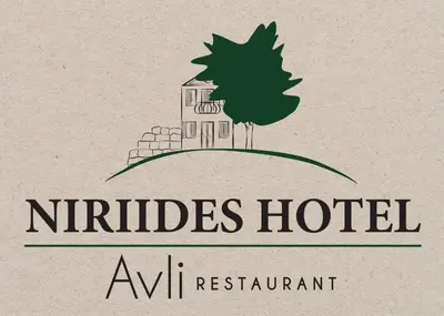 a logo for a hotel with a house and a tree at Niriides Hotel Apartments in Symi