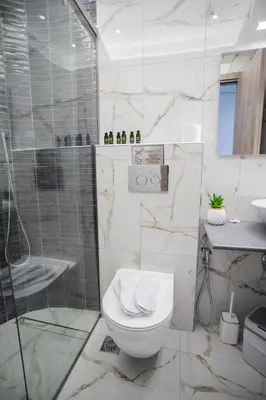 a white bathroom with a toilet and a shower at Star Hotel in Rhodes Town