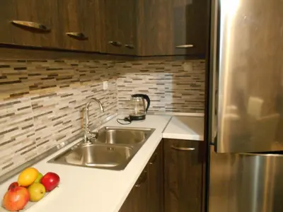 a kitchen with a sink and some fruit on the counter at Village House in Kalithies