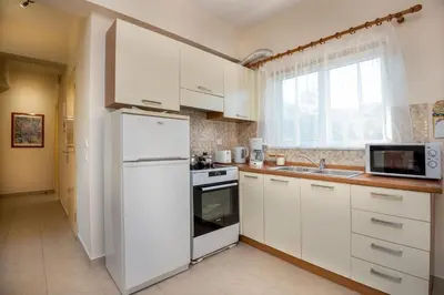 a kitchen with white cabinets and a white refrigerator at Evgenias Olive House in Kalathos