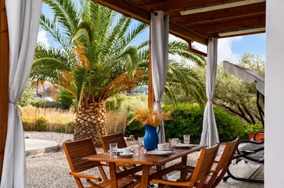 a table and chairs on a patio with a palm tree at Evgenias Olive House in Kalathos