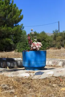 a blue pot with flowers in it sitting on the ground at Villa Stamatis in Pefki Rhodes