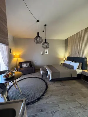 a bedroom with a bed and a living room at Fiore di Flora in Archangelos