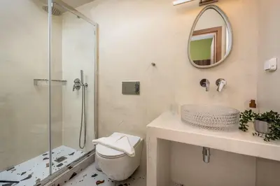 a bathroom with a shower and a toilet and a sink at The Old Symi in Symi