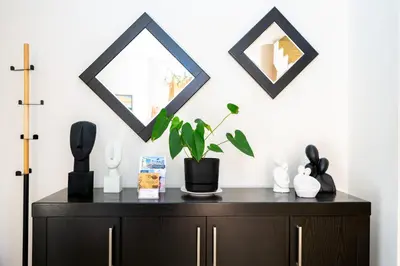 a black dresser with a plant on top of it at Mediterranean Luxury Villa in Ialyssos