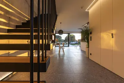 a hallway of a house with a staircase at Momentum Villas in Ialyssos