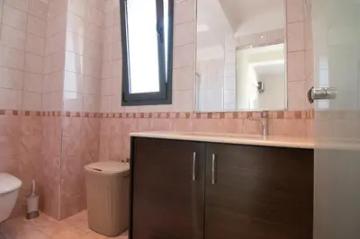 a bathroom with a sink and a mirror and a toilet at Villa Stamatina in Pastida