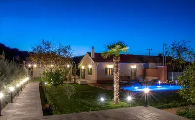 a backyard at night with a palm tree and a swimming pool at Rhodian Gaea Villa in Theologos