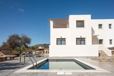 a swimming pool in front of a white building at Costa Gennadi Villa in Gennadi