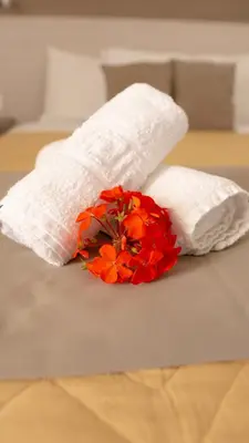 a white blanket and a red flower on a bed at Seaside Studios Kirania in Kiotari