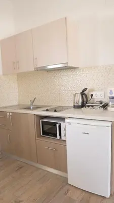 a kitchen with a sink and a stove top oven at Seaside Studios Kirania in Kiotari