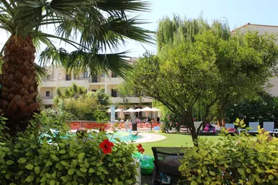 a garden with a palm tree and a pool at Villas Duc - Rhodes in Ialyssos