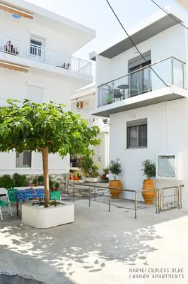 a building with a tree in front of it at Haraki Endless Blue Luxury Apartments in Haraki