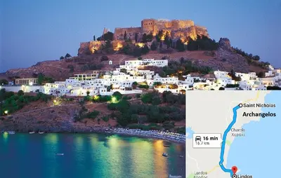 a view of a town with a castle on a hill at Villa Dalia in Archangelos