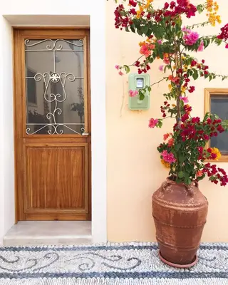 a vase with flowers in front of a door at Rose traditional house in Archangelos