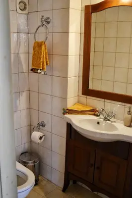 a bathroom with a sink and a mirror and a toilet at SeaMe Houses in Symi