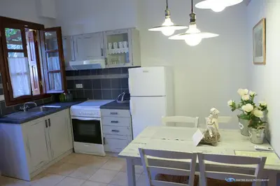 a kitchen with a table and a white refrigerator at Iapetos Village in Symi