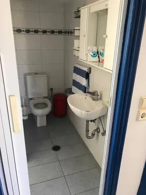 a small bathroom with a toilet and a sink at Villa George in Apolakkiá