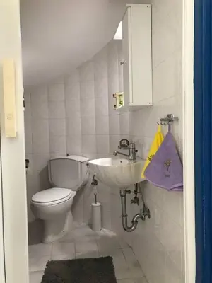 a small bathroom with a toilet and a sink at Villa George in Apolakkiá