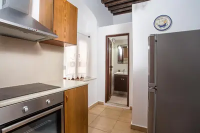 a kitchen with a stainless steel refrigerator and a sink at CasaLindos Festa in Líndos