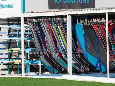 a rack of skis on display in a store at Blue Horizon in Ialyssos