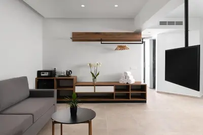 a living room with a couch and a tv at Atalanti Boutique Hotel - Adults Only in Faliraki