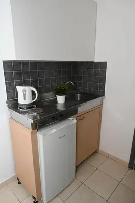 a small kitchen with a sink and a dishwasher at ANGELA STUDIOS in Kremasti