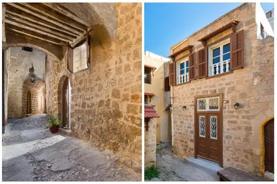 two pictures of an old building with a wooden door at Colourful Home, Medieval Town Rhodes in Rhodes Town