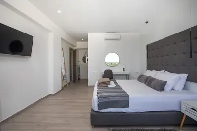 a bedroom with a large bed and a television at Habitat Inn Faliraki View Villa Rhodes in Kalithies