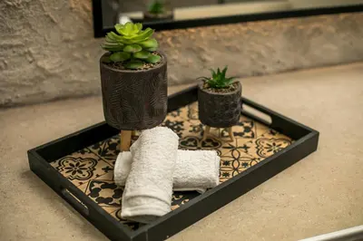 a table with two potted plants and towels on it at Habitat Inn Faliraki View Villa Rhodes in Kalithies