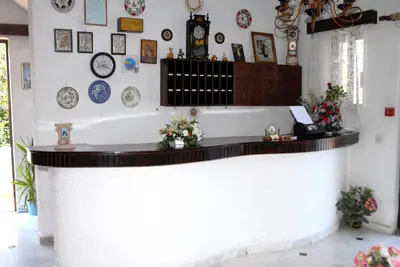 a counter in a room with plates on the wall at Anthula Sun in Archangelos