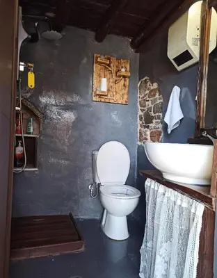 a bathroom with a toilet and a sink at Areti's Traditional house in Apóllona