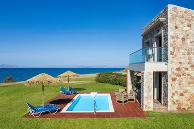 a house with a swimming pool next to the ocean at Diagoras & Attalos Villas in Phanaes