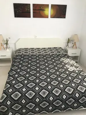 a bedroom with a bed with a black and white bedspread at Stegna Breeze in Archangelos