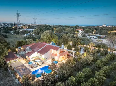 an aerial view of a house with a pool at Artzy Villa in Rhodes Town