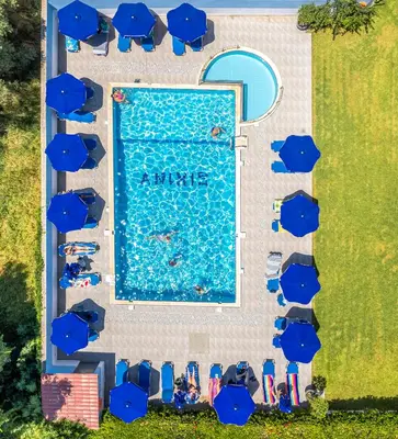 an overhead view of a swimming pool with blue umbrellas at Anixis Hotel & Apartments in Ialyssos